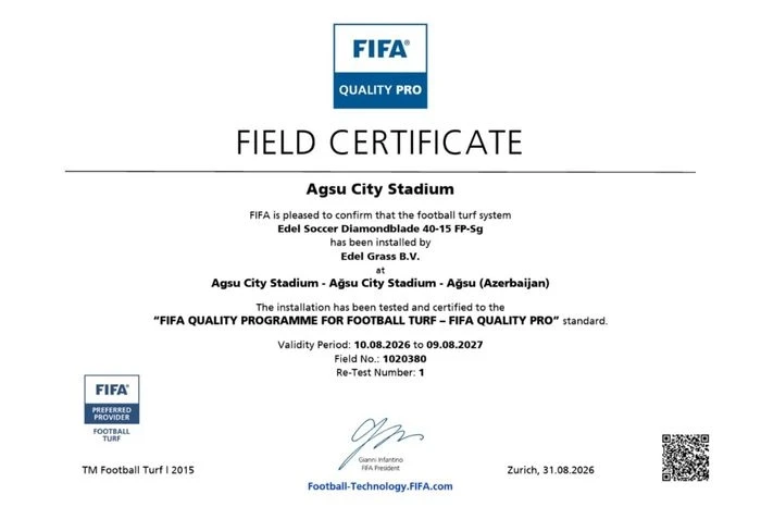 Ağsu stadionunun süni çəpəri FIFA “Quality Pro” sertifikatına layiq görüldü, beynəlxalq oyunlar keçirə bilər