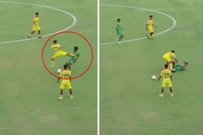 İndoneziyada rəqibinə uçaraq təpik atan futbolçu ömürlük futboldan kənarlaşdırıldı